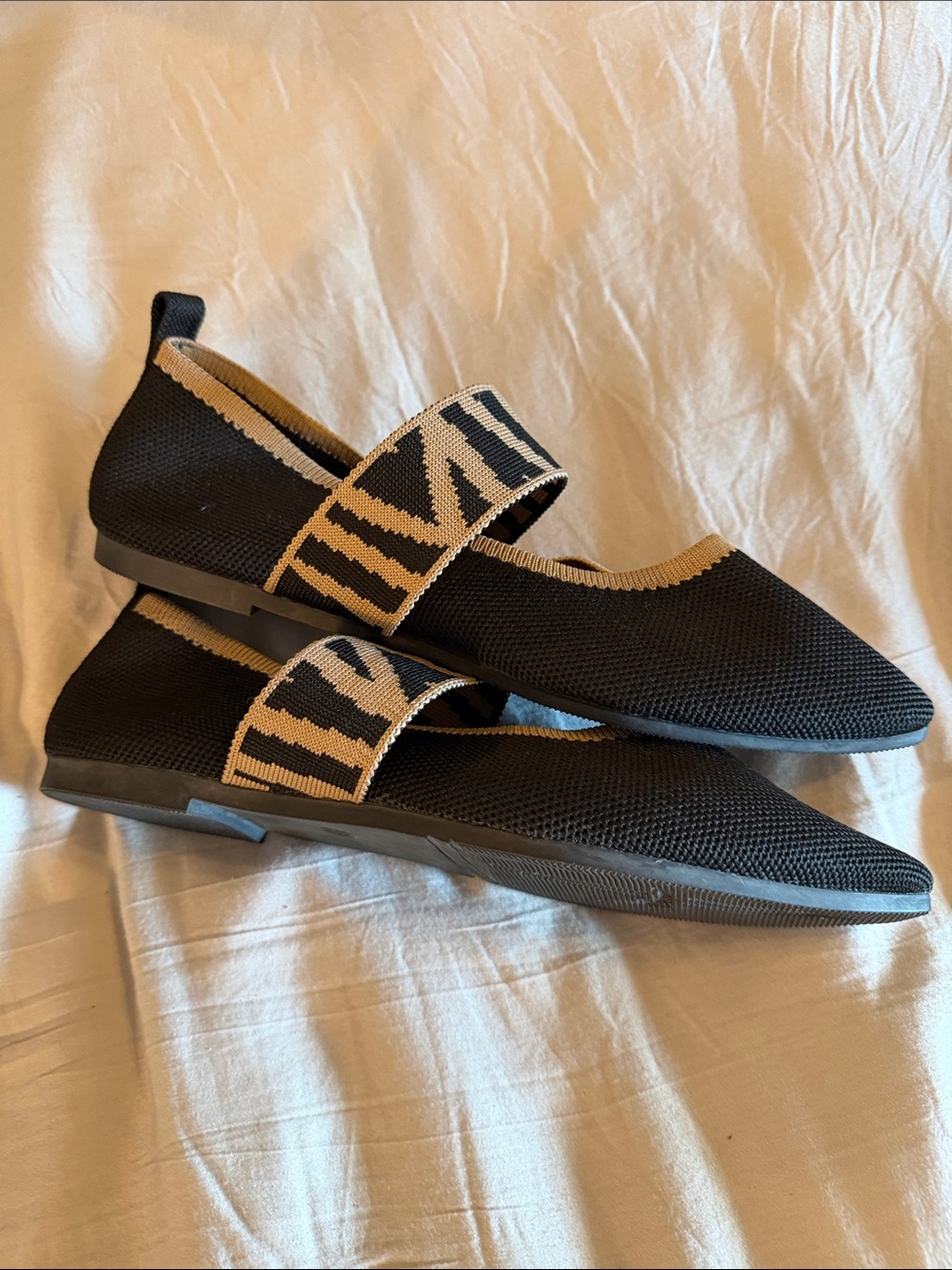 Black Knit Pointed Mary Jane Flats with Cream-Trim Zebra Strap - Picture 2 of 4